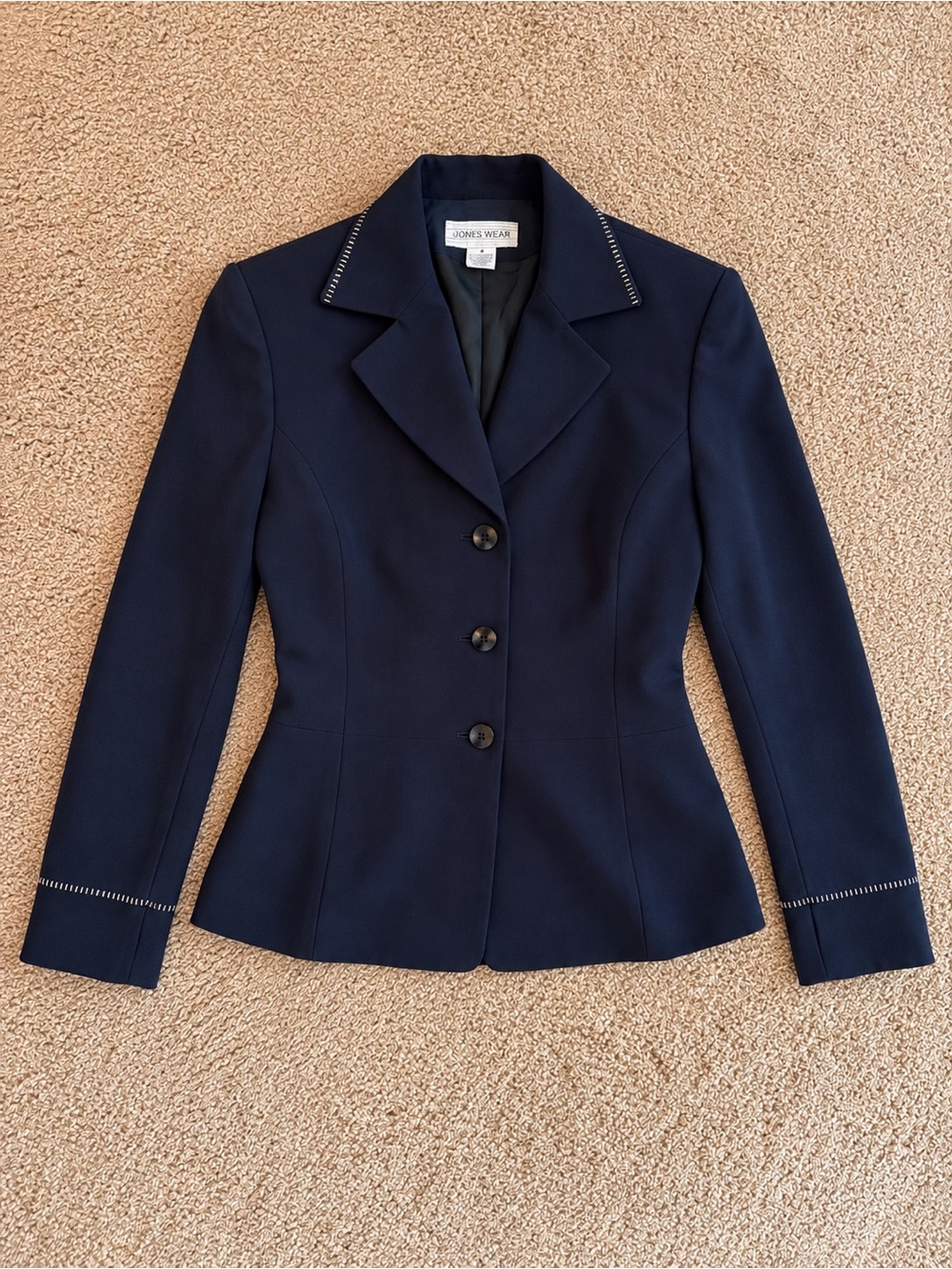 Jones Wear Womens Size 6 Navy Blue Blazer Contrast Stitch 3 Button Jacket